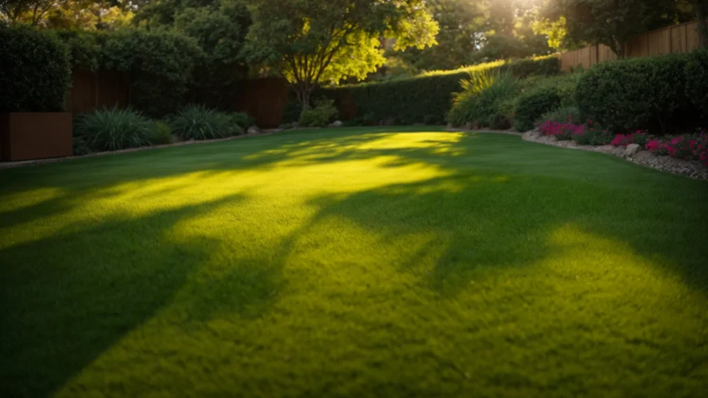 a vibrant contrast between a lush, meticulously maintained natural lawn and a flawless stretch of synthetic grass, showcasing the distinct textures and colors side by side under bright, natural sunlight.