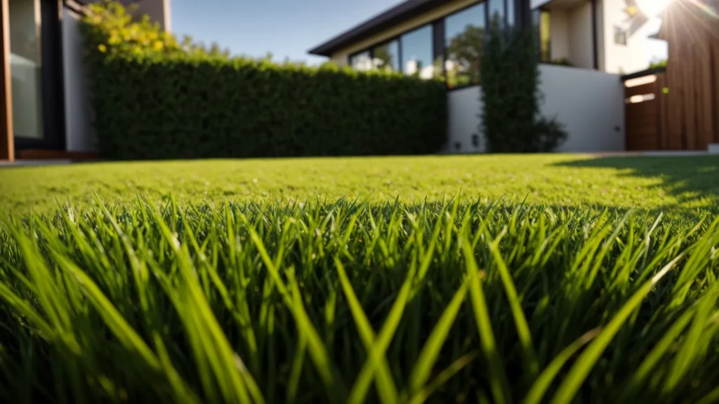 a vibrant residential garden featuring lush synthetic grass with a stunning backdrop of a clear blue sky, illustrating the eco-friendly, low-maintenance benefits and aesthetic appeal of artificial turf.