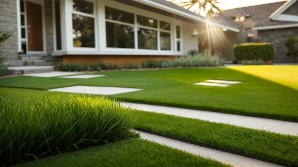 a vibrant residential lawn showcases the contrasting textures of lush synthetic grass and natural grass side by side, highlighting the installation process with tools and materials arranged neatly in the foreground under bright, natural sunlight.