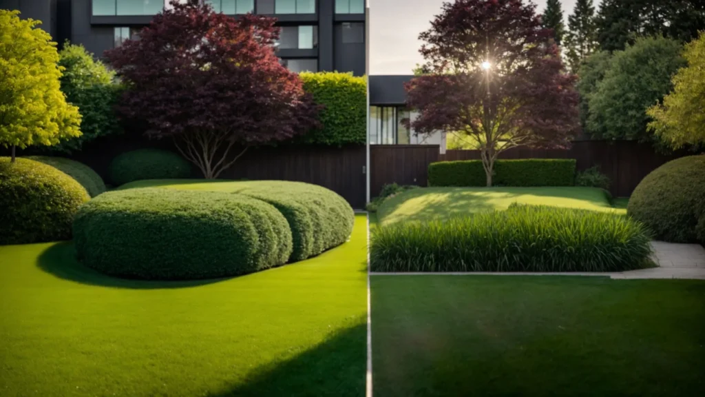 a vibrant, side-by-side comparison of a lush, green natural lawn and a perfectly manicured synthetic grass area, illuminated by soft natural light to highlight the beauty and differences in texture, inviting viewers to consider the cost and aesthetic implications of each choice.