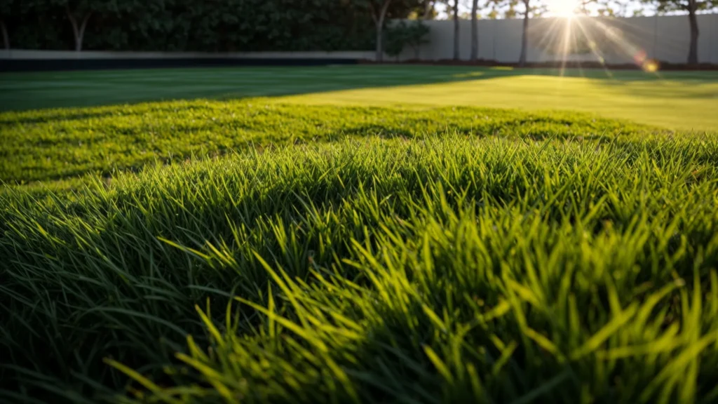 a vibrant split view of a lush, natural grass lawn juxtaposed against a pristine synthetic turf area, highlighting the contrasting textures and colors while sunlight casts dynamic shadows, representing the environmental impacts of both choices.