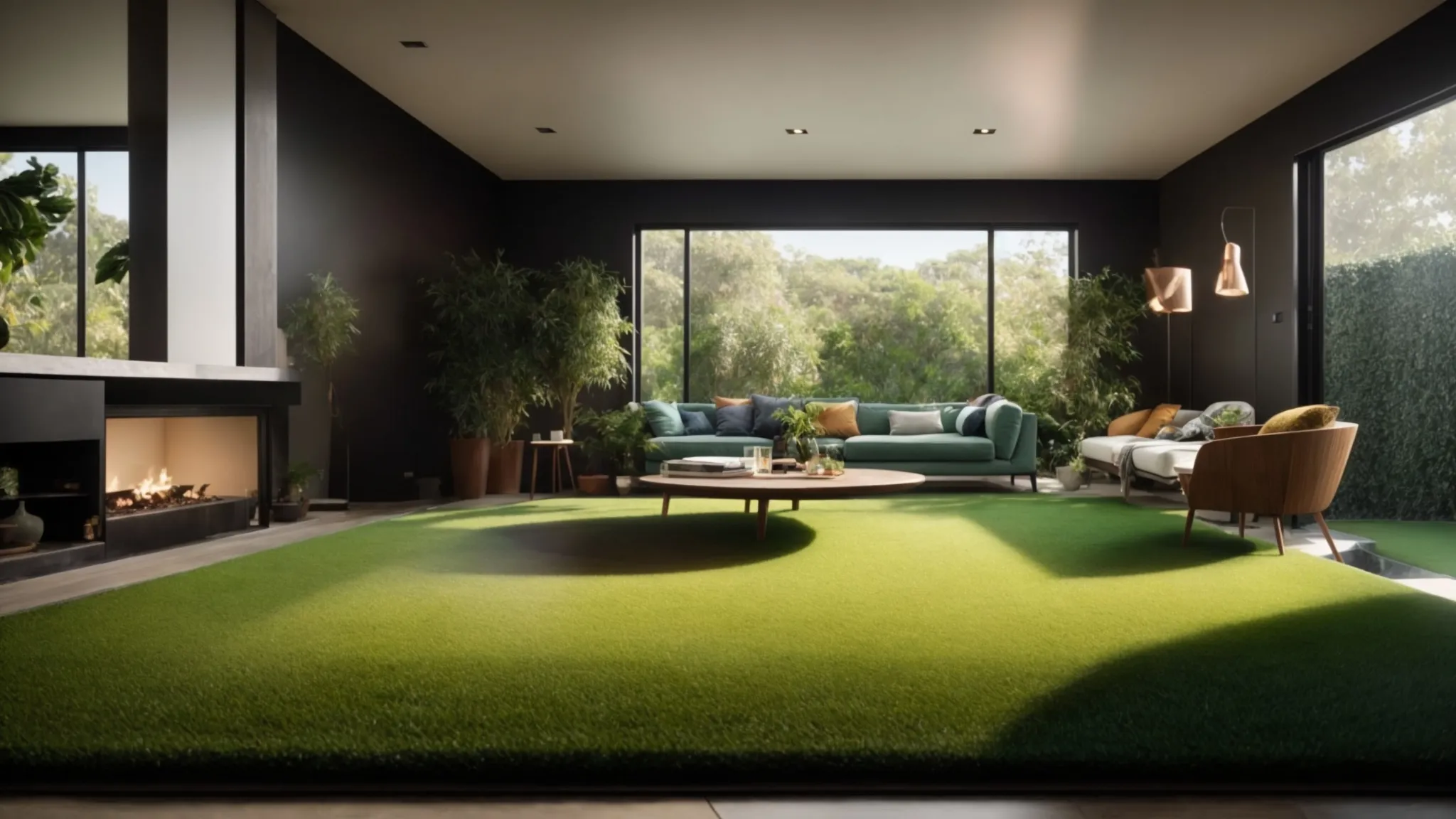 a vibrant split-screen scene contrasting lush, realistic synthetic turf with rich, verdant natural grass under bright sunlight, highlighting the ideal characteristics of both surfaces in a residential setting.