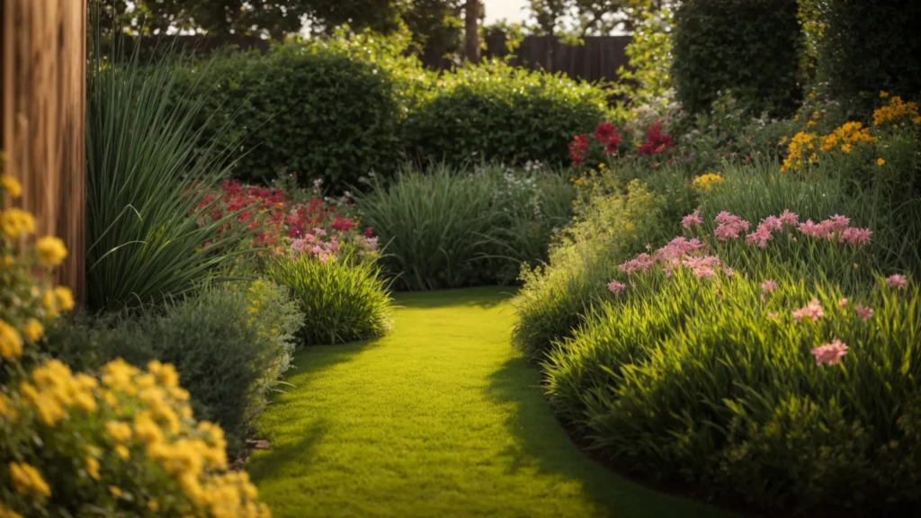 a vibrant, sunlit garden featuring lush, real grass, teeming with a diversity of plants and flowers, perfectly illustrating the ecological advantages and beauty of natural turf in a residential setting.