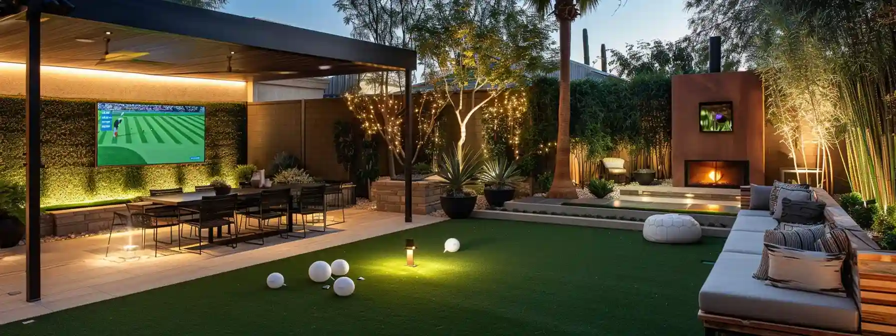 Modern backyard with synthetic turf, outdoor dining area under a pergola, string lights, a fire pit, two wall-mounted TVs showing sports, and stylish seating surrounded by lush plants at dusk.