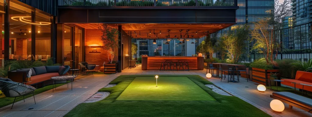 a vibrant urban rooftop terrace showcases a luxurious synthetic grass putting green, illuminated by warm evening lights, creating an inviting atmosphere for social gatherings and leisure.