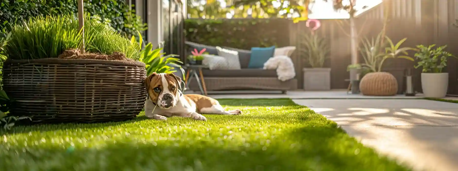 A brown and white dog lies on green grass in a sunlit backyard, surrounded by potted plants, a wicker basket, and outdoor furniture—a peaceful scene that brings to mind my insights on the durability of synthetic turf solutions.