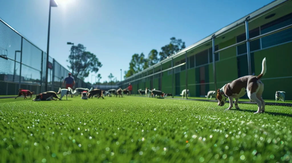 a bustling dog boarding facility showcases vibrant synthetic grass under bright, clear skies, with energetic dogs playing freely, highlighting the cleanliness and maintenance of the artificial turf as caretakers perform upkeep tasks nearby.