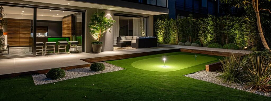 a sleek backyard putting green installation features meticulously aligned synthetic turf, framed by modern landscaping elements and stylish outdoor furniture, under bright, artificial lighting for a contemporary, recreational vibe.