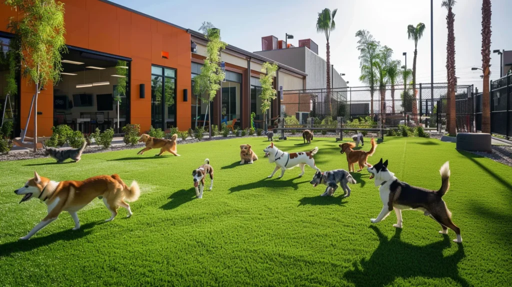 a vibrant dog boarding facility showcases commercial pet turf, with energetic dogs playing on the meticulously installed synthetic grass, highlighting the professional techniques and clean environment that ensure durability and safety for pets.