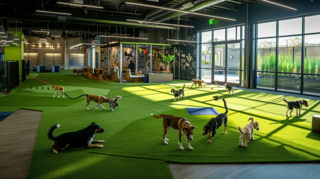 a vibrant dog daycare facility showcases dogs happily playing on seamlessly installed, lush artificial turf under bright, artificial lighting, emphasizing its appeal as a cleaner, safer, and low-maintenance environment for canine care.
