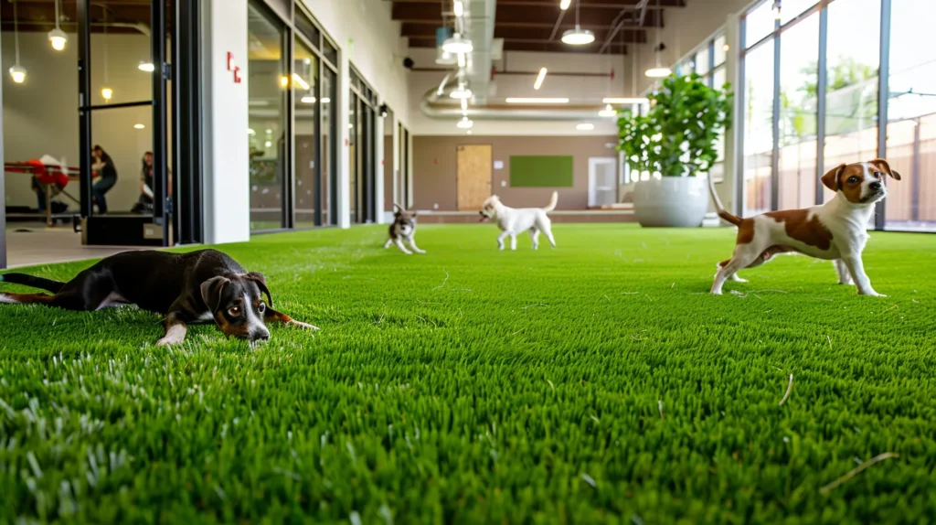 a vibrant dog daycare facility equipped with lush, top-grade artificial turf, showcasing playful dogs enjoying the realistic surface under bright, modern lighting while demonstrating features like seamless drainage and advanced odor control technologies.