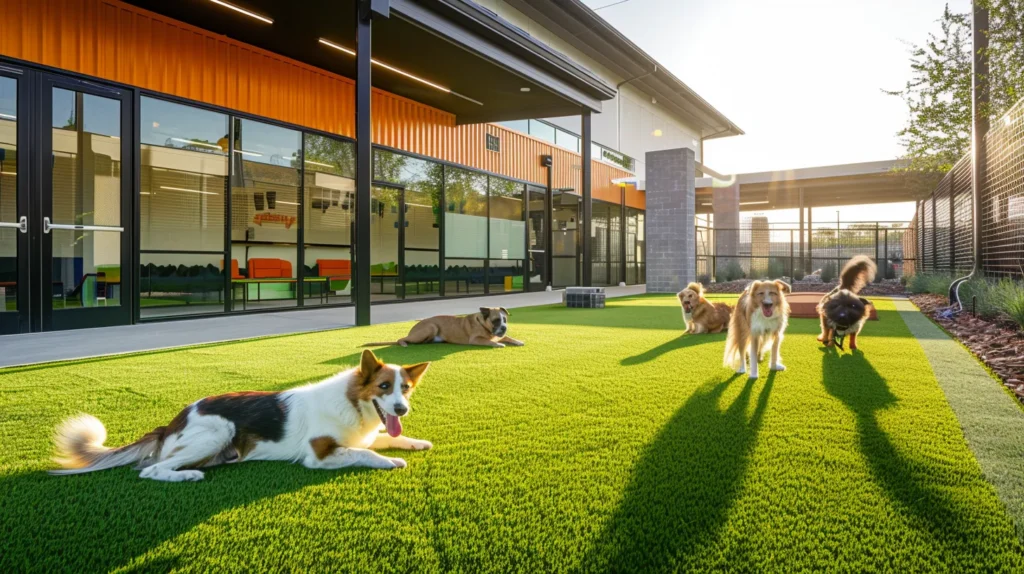 a vibrant, expertly designed dog boarding facility features plush artificial turf with integrated drainage solutions, showcasing playful dogs frolicking on a clean, dry surface under bright artificial lighting, highlighting the comfort and hygiene of synthetic grass systems.