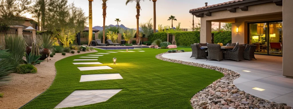 a vibrant, meticulously designed residential yard featuring lush, high-quality synthetic turf seamlessly integrated with sleek pavers and modern outdoor furnishings, illuminated by soft, warm artificial lighting to showcase its durability and aesthetic appeal.