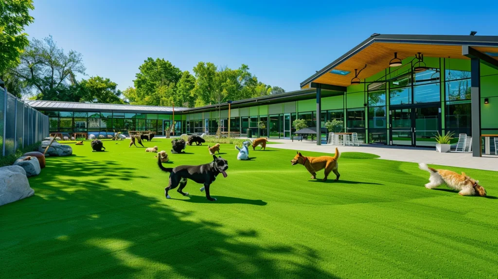 a vibrant outdoor dog daycare facility showcases durable, lush green synthetic turf, with energetic dogs frolicking while trainers supervise, all set against a clean, modern landscape to emphasize the ideal choice for high-traffic pet areas.