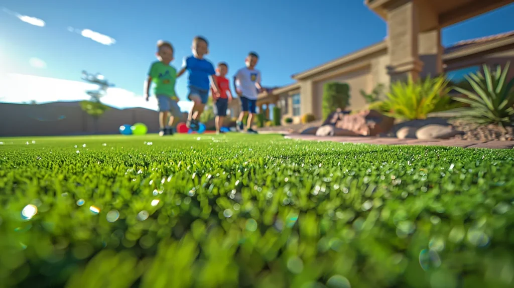 a vibrant outdoor scene showcases a family joyfully playing on freshly installed synthetic grass in a scottsdale backyard, complete with colorful landscaping and a clear blue sky, emphasizing the seamless and inviting nature of artificial turf.