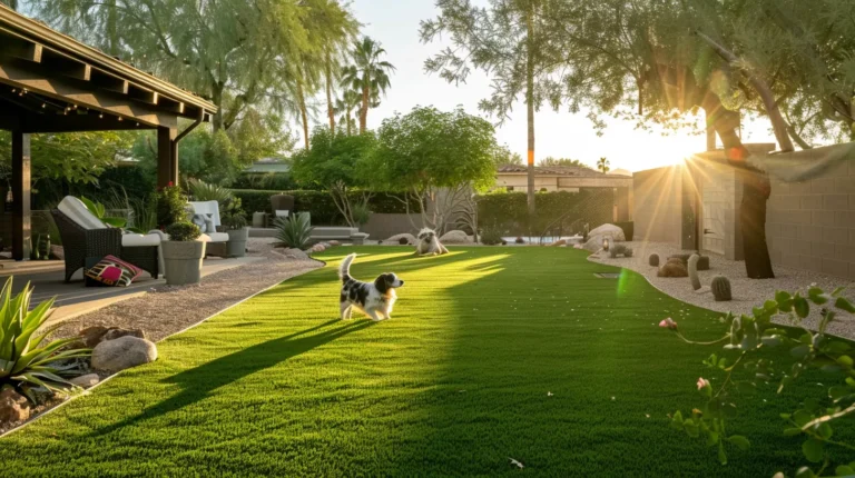 a vibrant scottsdale backyard showcases a lush expanse of realistic artificial grass, accentuated by playful dogs frolicking and families enjoying leisure time under a sunlit urban sky.