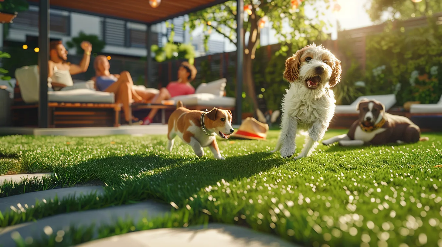 a vibrant urban backyard showcases lush, realistic artificial pet turf, with playful dogs joyfully running and a couple relaxing comfortably on lounge chairs, emphasizing the benefits of synthetic grass in a stylish outdoor setting.