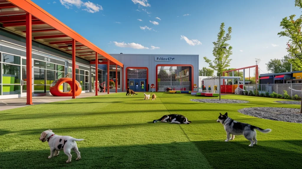 a vibrant urban dog daycare facility showcases happy dogs frolicking on bright, meticulously laid artificial turf, under the watchful eyes of attentive staff, with a modern building backdrop that emphasizes quality and professionalism.