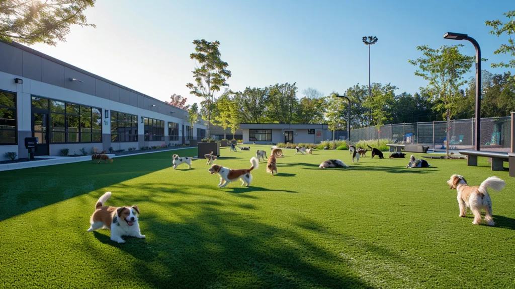 a vibrant, well-maintained dog boarding facility features a sprawling expanse of lush artificial turf, with happy dogs playing energetically under bright outdoor lighting, showcasing the benefits of synthetic grass for pet care businesses.