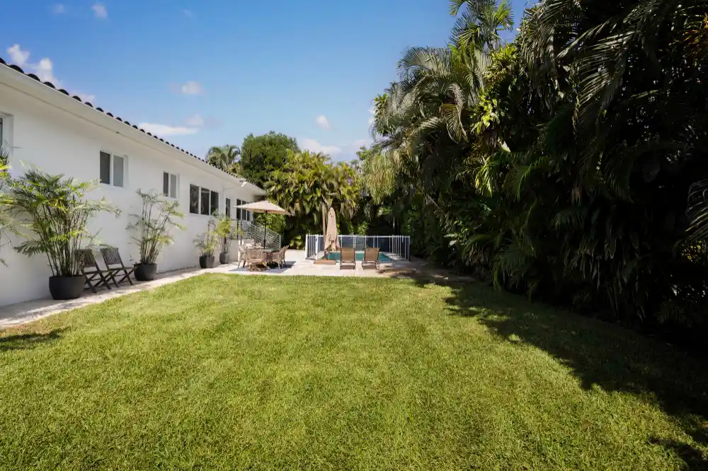 A spacious backyard with artificial turf creating a well-kept lawn, a white modern house on the left, outdoor patio furniture, umbrellas, and a fenced pool area surrounded by lush tropical plants under a clear blue sky.