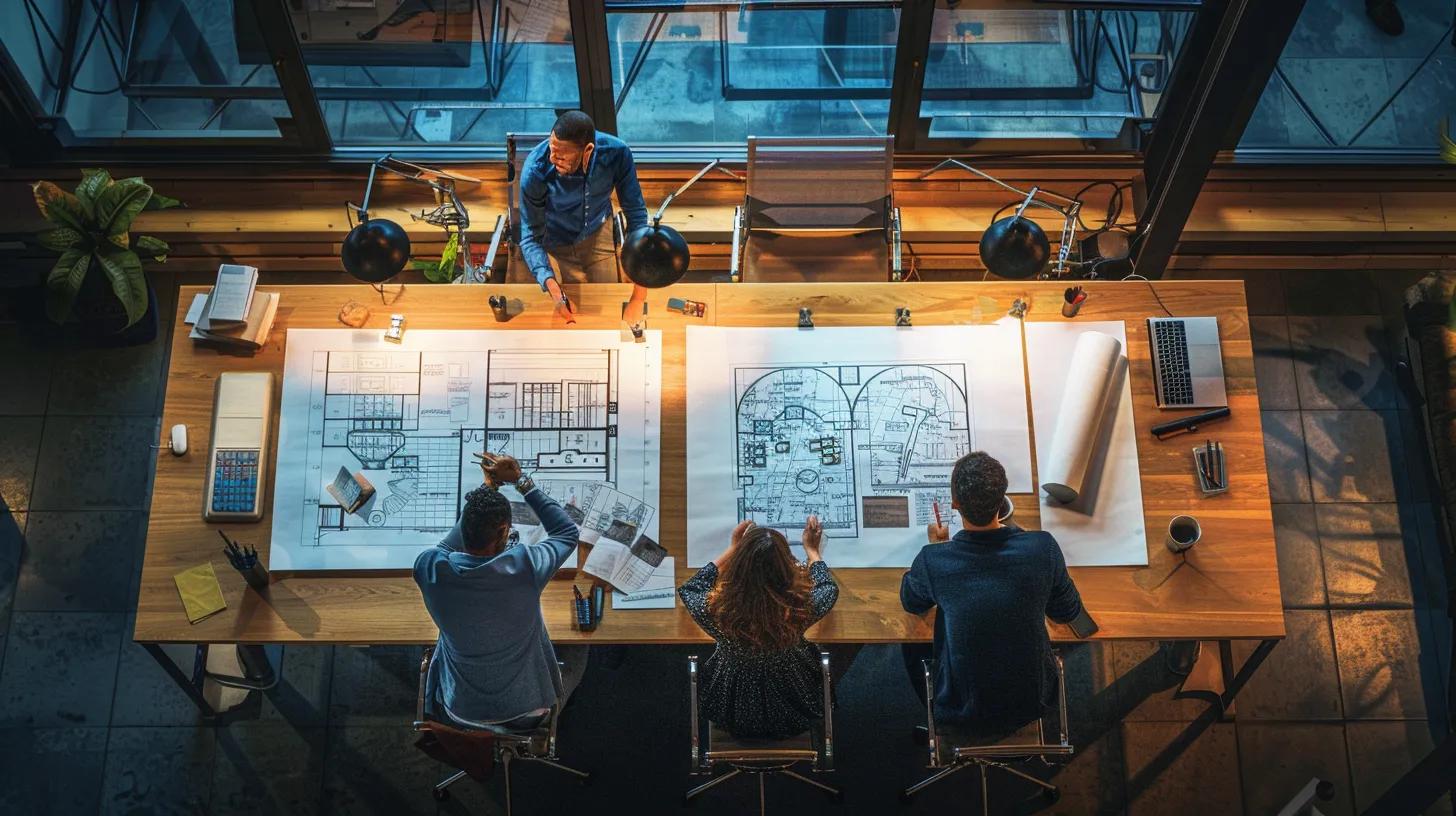 a dynamic office environment showcasing a diverse team collaboratively reviewing blueprints and installation plans for synthetic turf, with detailed samples and high-tech tools prominently displayed on a sleek conference table, illuminated by bright, focused overhead lighting.