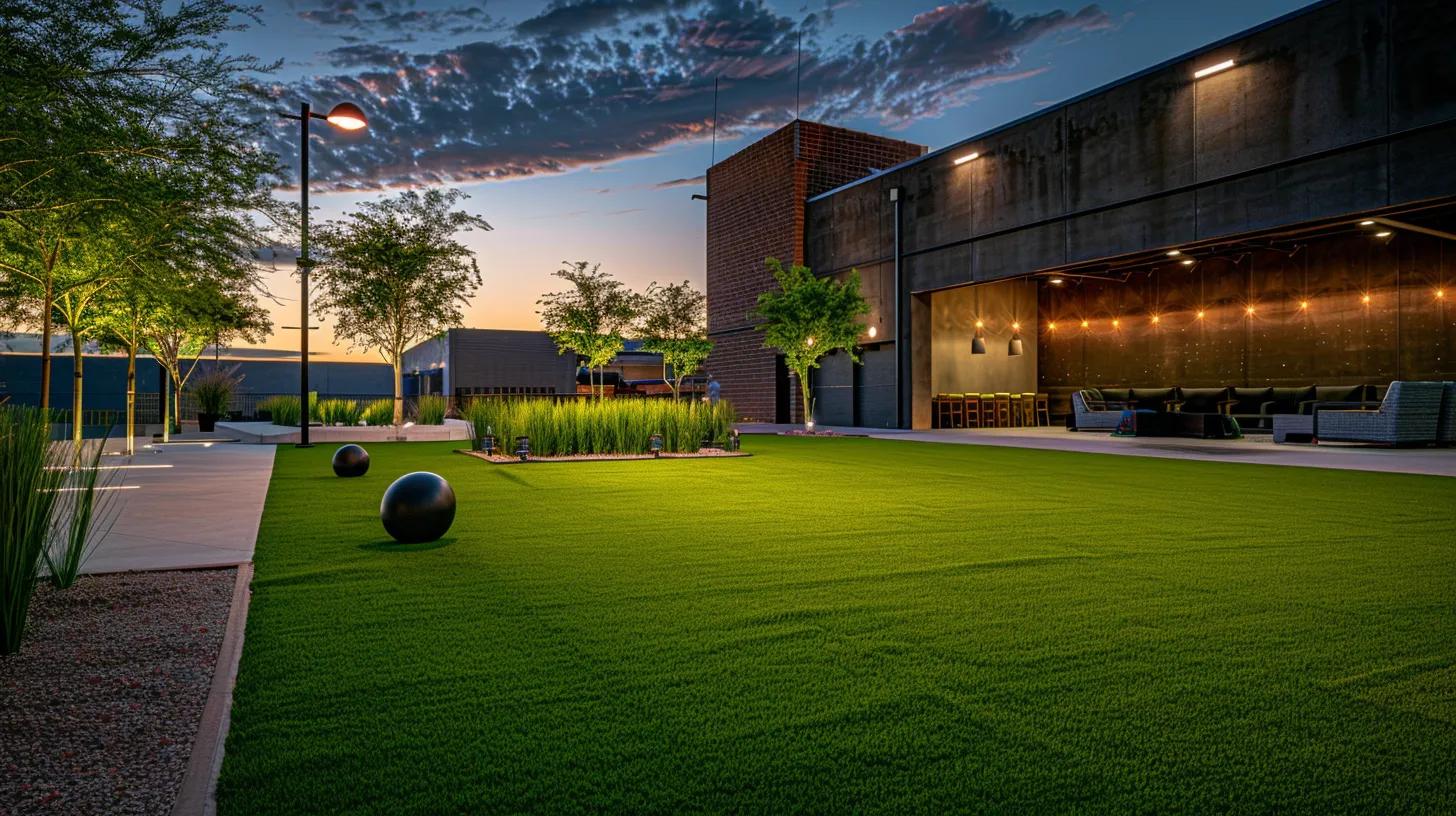 a dynamic urban landscape featuring a modern turf company showroom in phoenix, showcasing vibrant artificial grass installations against a sleek industrial backdrop, illuminated by bold, overhead lighting.
