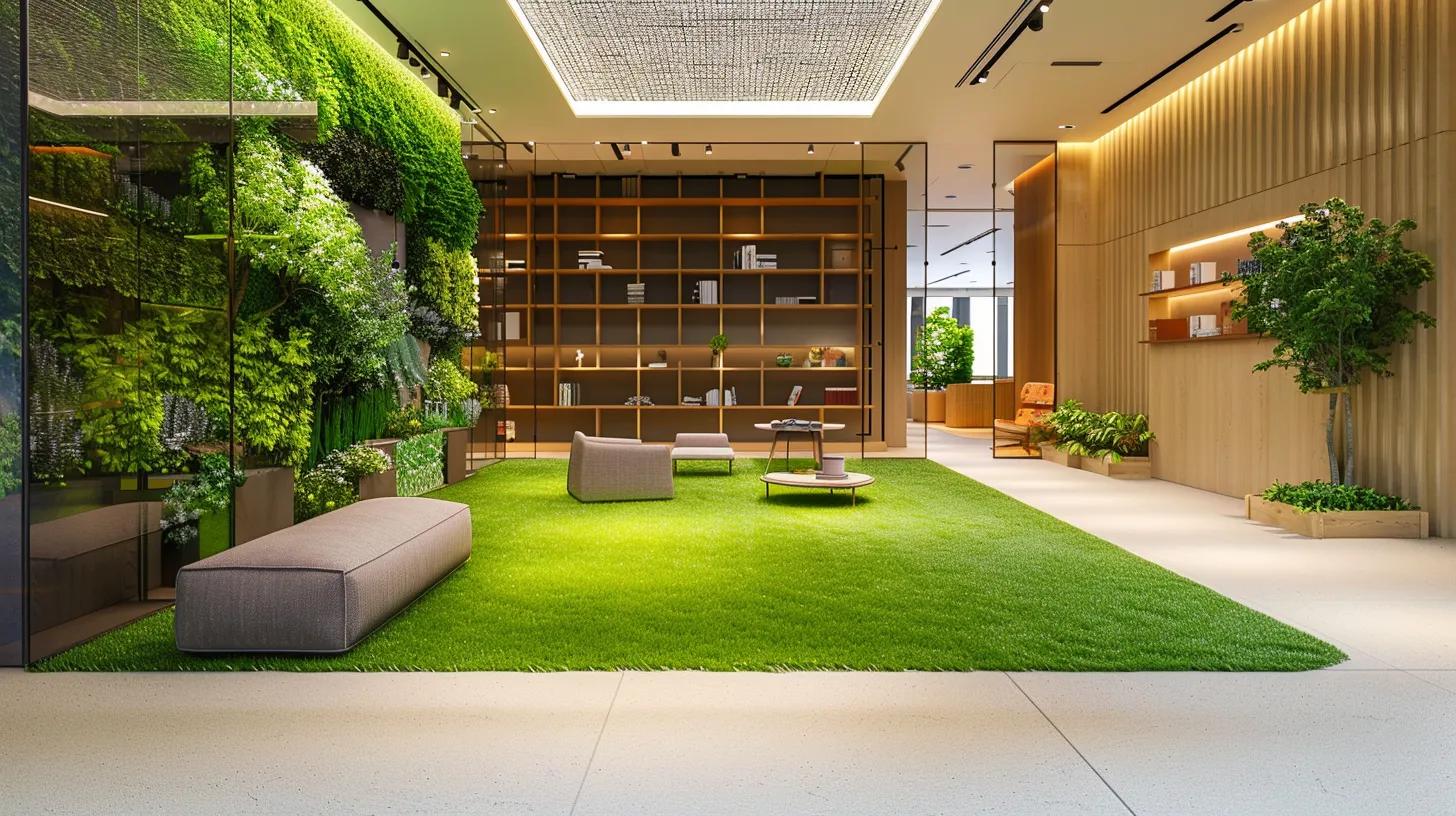a meticulously arranged indoor display showcasing vibrant, realistic turf installations, highlighting pristine textures and colors under bright, even artificial lighting, with sleek, modern furniture in a stylish office environment.