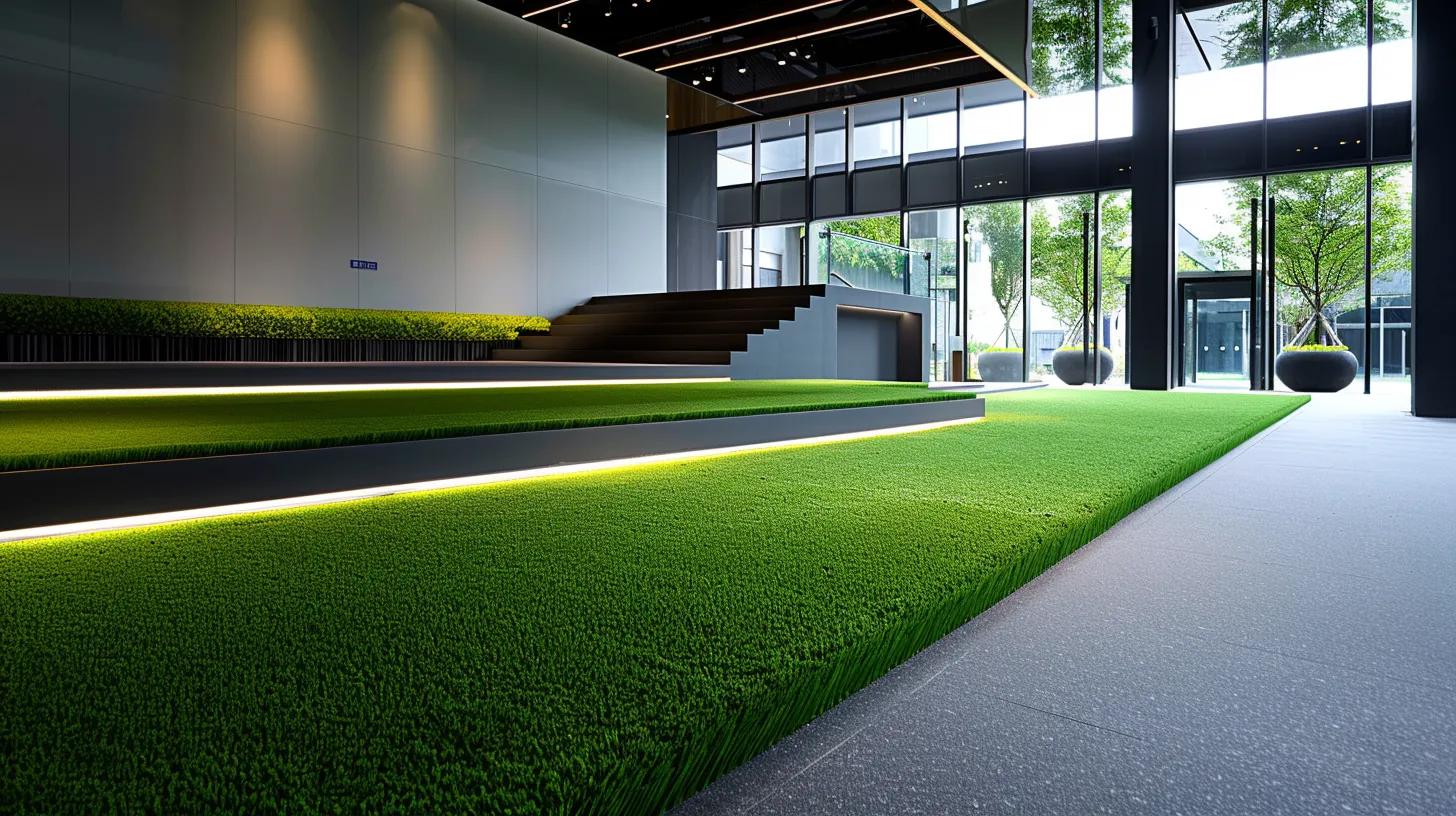 a meticulously arranged indoor setting showcases a seamlessly installed realistic turf, highlighting its lush green texture against a polished concrete base, emphasizing the precision and professionalism required for an impeccable artificial grass installation.