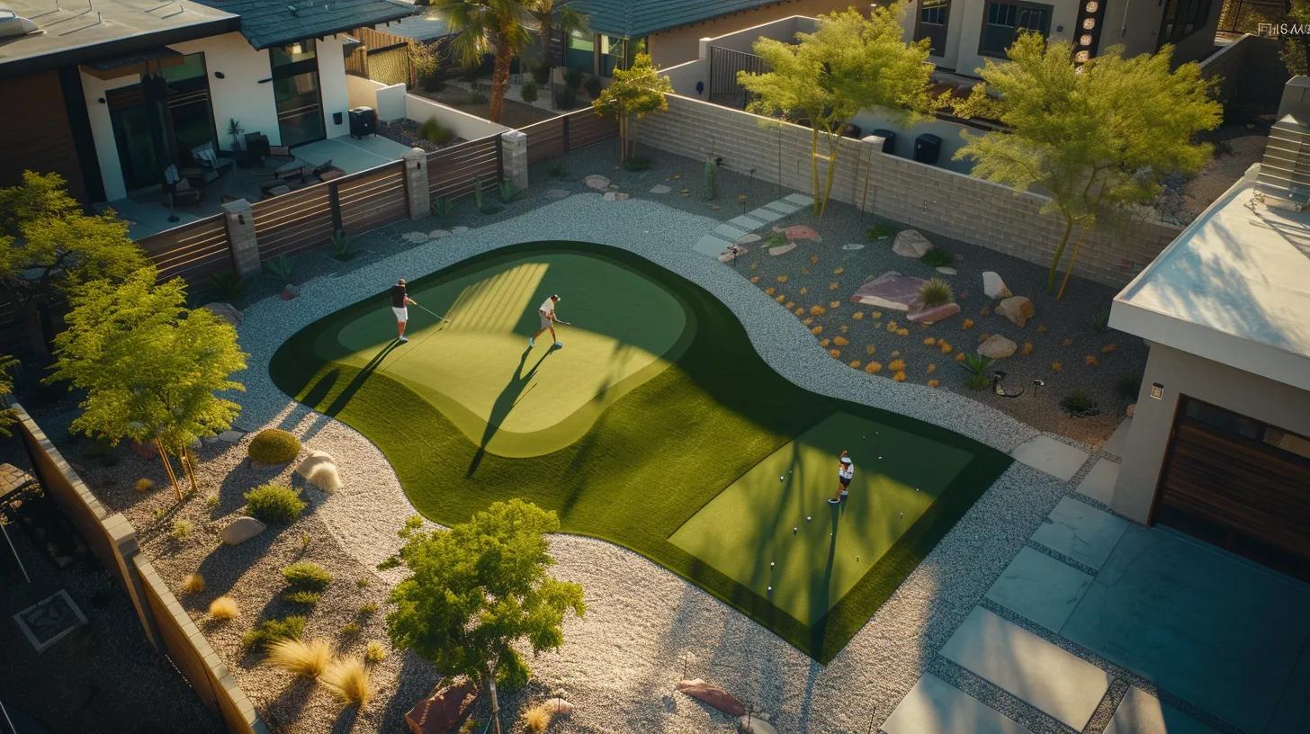 a meticulously designed backyard putting green showcases flowing contours and gentle slopes, complete with players engaging in friendly competition, surrounded by modern xeriscape landscaping that enhances the space's aesthetic appeal.