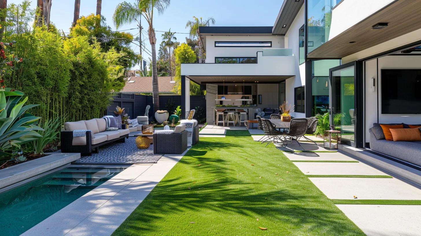 a modern backyard featuring lush, vibrant astro turf seamlessly laid out, surrounded by sleek patio furniture and contemporary landscaping, highlighting the beauty and practicality of artificial grass as a low-maintenance lawn solution.