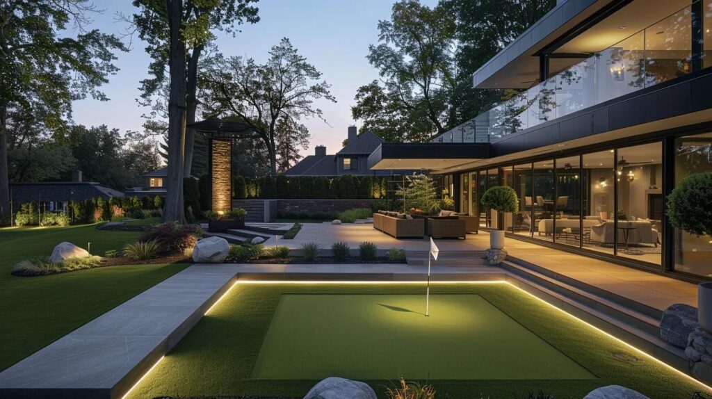 a modern backyard showcases a vibrant artificial putting green, complete with integrated bunkers and ambient led perimeter lighting, where a family enjoys an evening of play, surrounded by cohesive landscaping that enhances the recreational space.