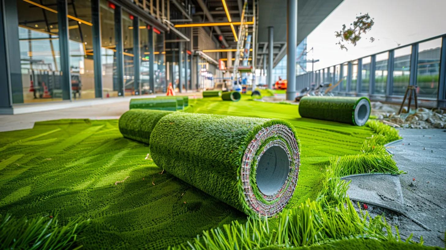a modern construction site with a vivid display of astro turf rolls being expertly laid down on a meticulously prepared surface, showcasing the precision and professionalism of the installation process under bright, focused worksite lighting.