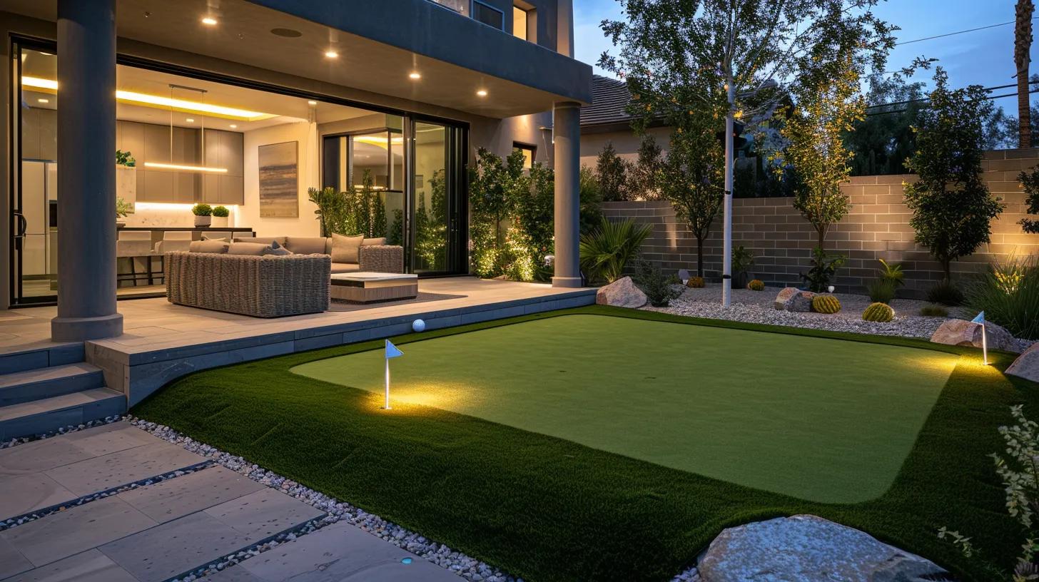 a modern home backyard transformed into a sleek, vibrant artificial turf putting green, showcasing a well-maintained, customizable surface designed for golf practice, with a stylish outdoor lounge area nearby, under soft, warm lighting that emphasizes the space's sophistication and sustainability.
