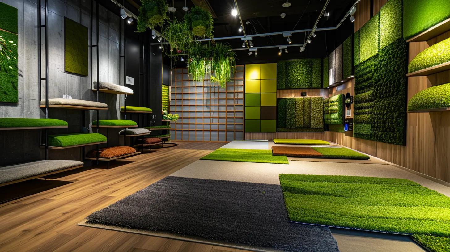 a modern indoor showroom displays a vibrant array of premium astro turf options in various colors and textures, showcasing different pile heights and specialized designs against a sleek, minimalist backdrop illuminated by bright, focused lighting.