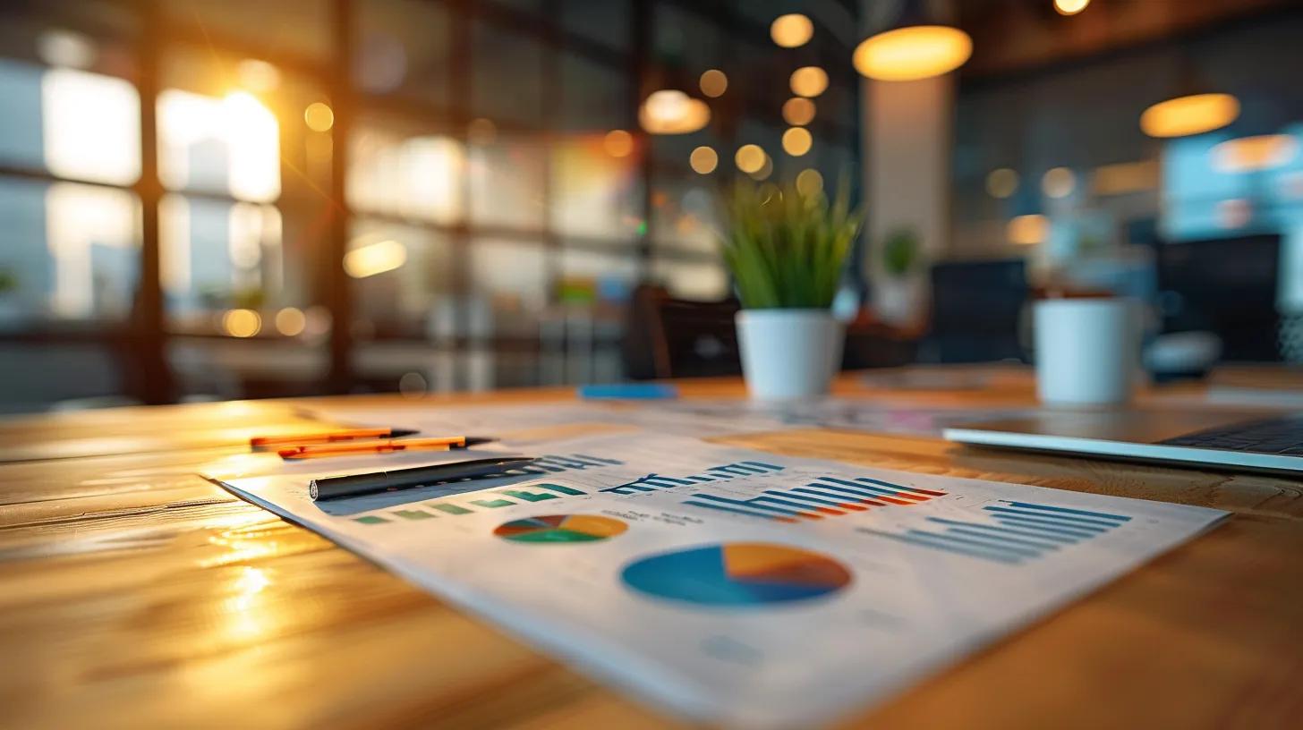 a modern office conference room features a sleek wooden table strewn with colorful graphs and charts, highlighting strategic cost analysis for artificial turf purchases, illuminated by bright overhead lights that enhance the focus on the collaborative planning in progress.