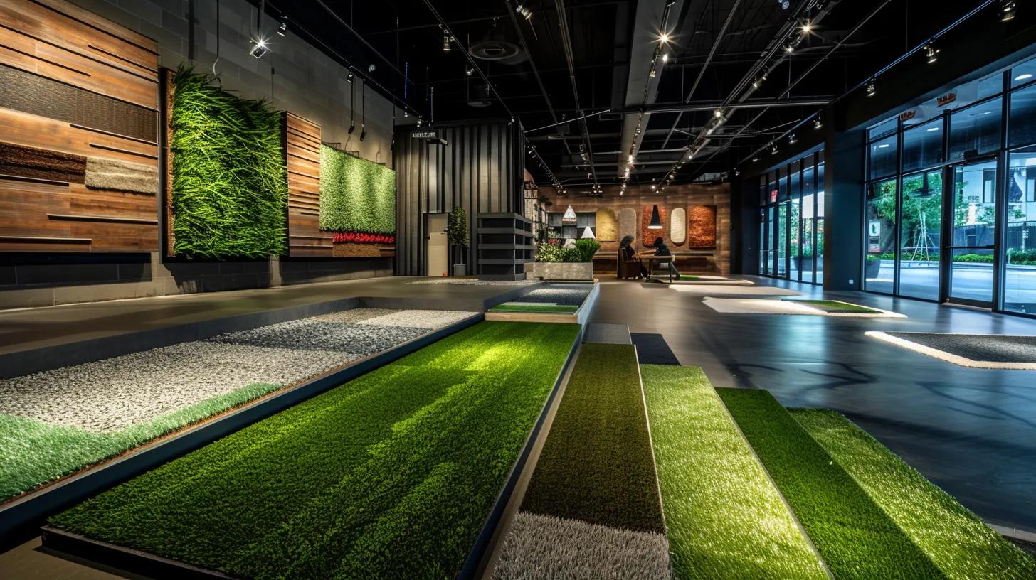 a modern showroom displays vibrant samples of artificial turf grass in various textures and colors, illuminated by sleek overhead lighting, as a knowledgeable consultant engages with interested customers assessing their landscaping needs.