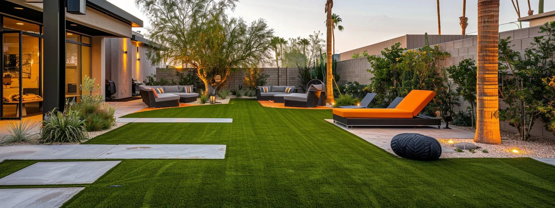 a modern, stylish urban backyard showcases vibrant artificial turf, highlighting its eco-friendly benefits with sleek furniture, solar-powered garden lights, and a sign emphasizing water conservation and chemical-free landscaping.