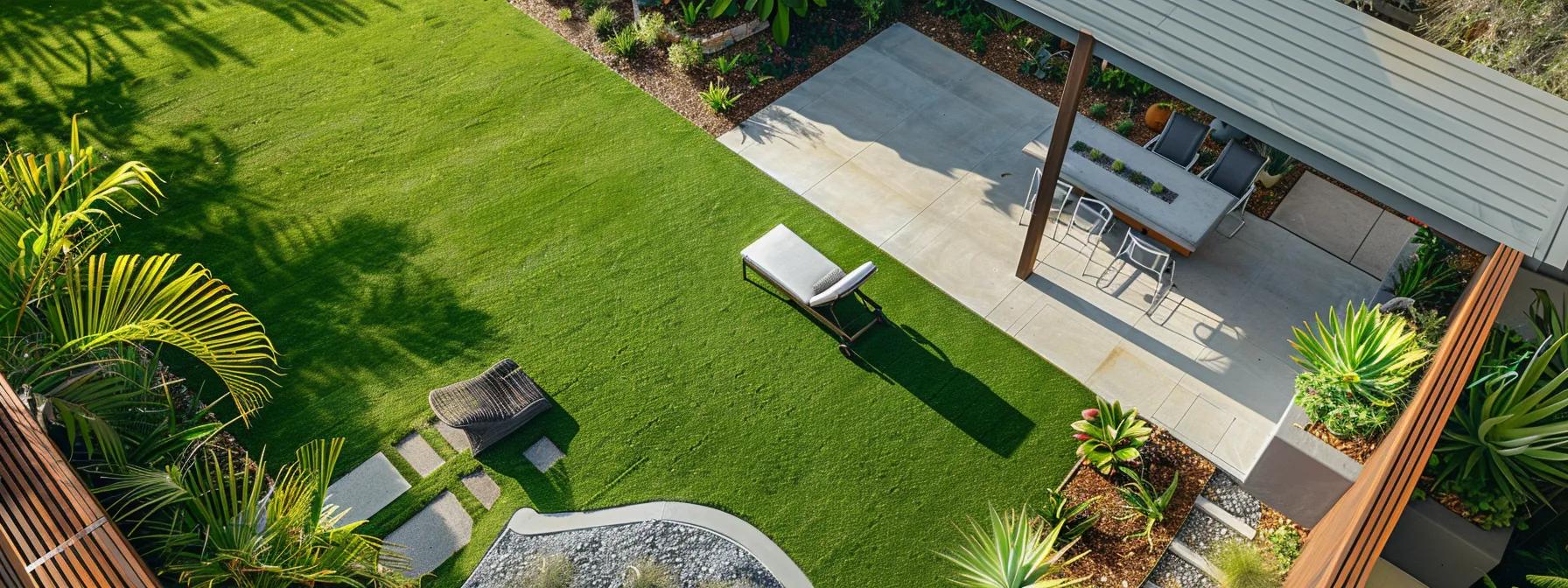 a modern suburban backyard features a vibrant synthetic lawn with families enjoying their time outdoors, showcasing the clear benefits of water conservation and sustainable living without the need for irrigation systems.