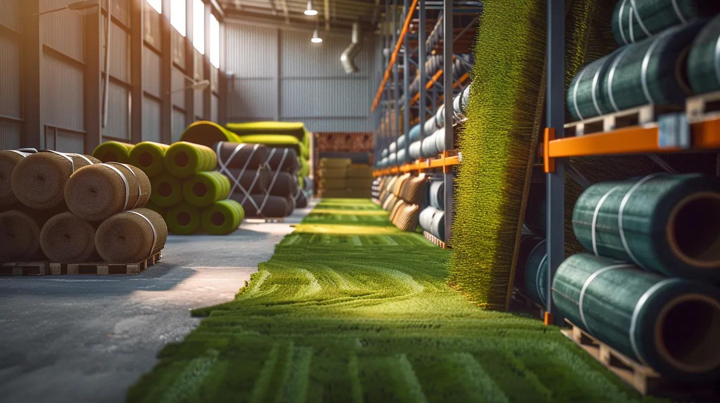 a modern warehouse setting showcases rolls of vibrant astro turf stacked neatly, emphasizing bulk purchasing while reflecting a context of savvy homeowners making informed choices on landscaping materials.