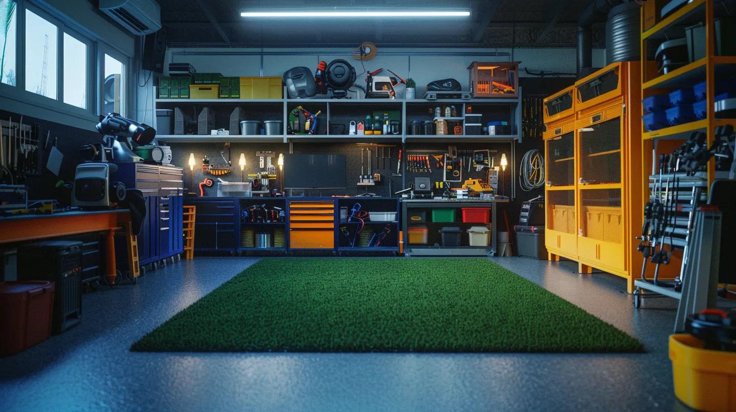a precisely arranged indoor workshop showcases a skilled technician demonstrating the meticulous installation of vibrant artificial turf, surrounded by essential tools and a layout that highlights the step-by-step process for optimal results.