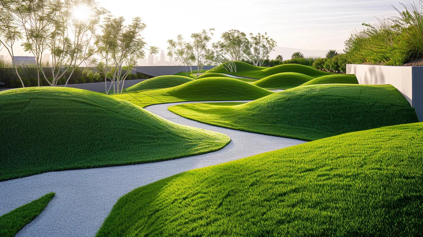 a pristine urban rooftop installation of vibrant artificial turf is showcased, surrounded by modern landscaping elements, demonstrating the meticulous maintenance and aesthetic enhancement strategies that maximize its performance and beauty.