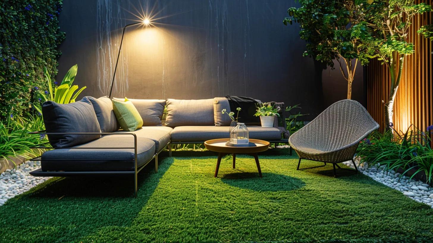 a pristine, well-maintained astro turf lawn is centered in a modern urban backyard, featuring sleek furniture and stylish decor, illuminated by warm, even lighting to showcase its vibrant colors and pristine texture.