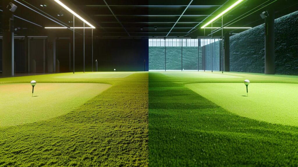 a sleek indoor putting green showcases a side-by-side comparison of artificial turf and natural grass, with vibrant colors and textures highlighted under bright, professional lighting to emphasize their different performance qualities.