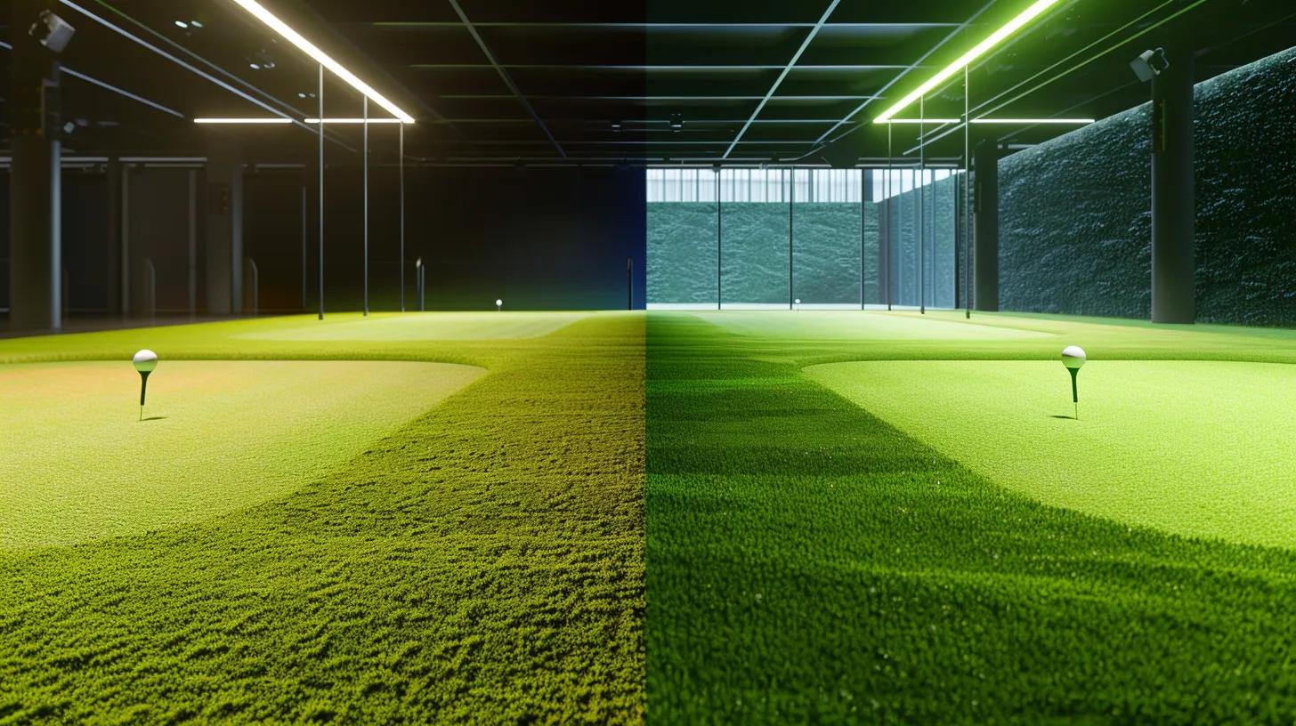 a sleek indoor putting green showcases a side-by-side comparison of artificial turf and natural grass, with vibrant colors and textures highlighted under bright, professional lighting to emphasize their different performance qualities.