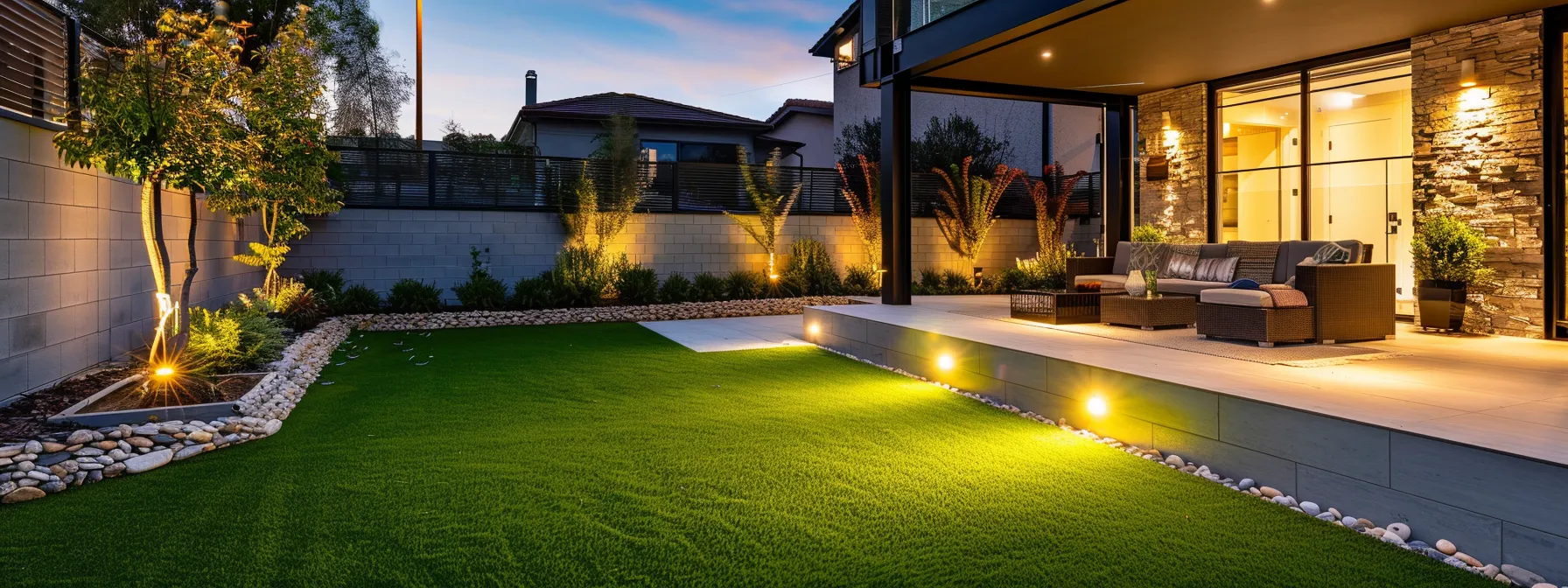 a sleek, modern backyard featuring vibrant artificial turf, illuminated by ambient outdoor lighting that enhances the inviting atmosphere of a stylish outdoor living space.