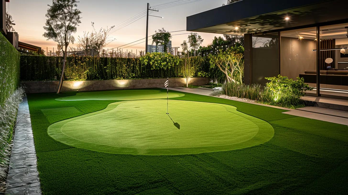 a sleek, modern backyard showcasing a pristine artificial turf putting green, meticulously designed with uniform contours and vibrant green hues, invites golfers to practice with precision and confidence under soft, diffused lighting.