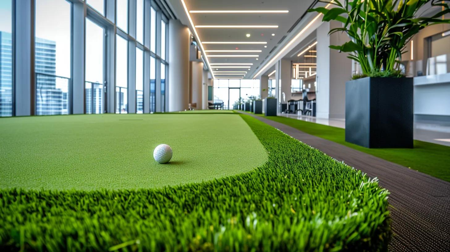 a sleek, modern indoor putting green showcases the smooth, vibrant artificial turf under warm, focused lighting in a contemporary office setting, highlighting its elegance and practicality for avid golfers.