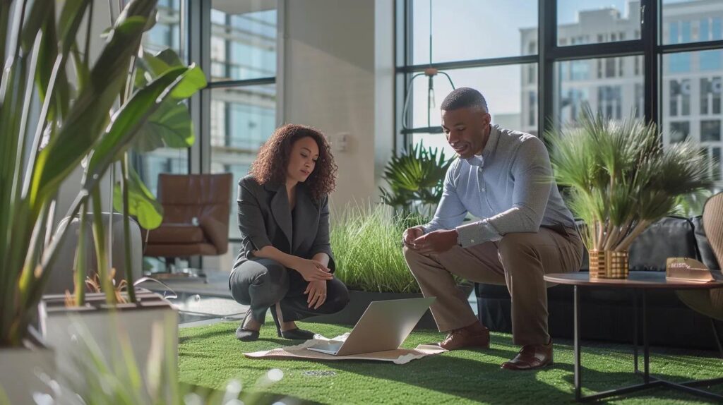 a sleek, modern office setting with a confident homeowner consulting a knowledgeable expert over samples of vibrant artificial grass, showcasing a blend of professionalism and innovation in sustainable landscaping solutions.