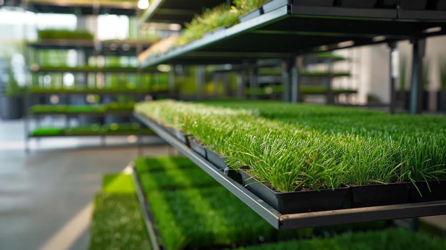 a sleek, modern office space showcases a vibrant selection of realistic turf samples displayed on clean, minimalist shelves, emphasizing quality and aesthetic appeal amidst a backdrop of contemporary design elements.
