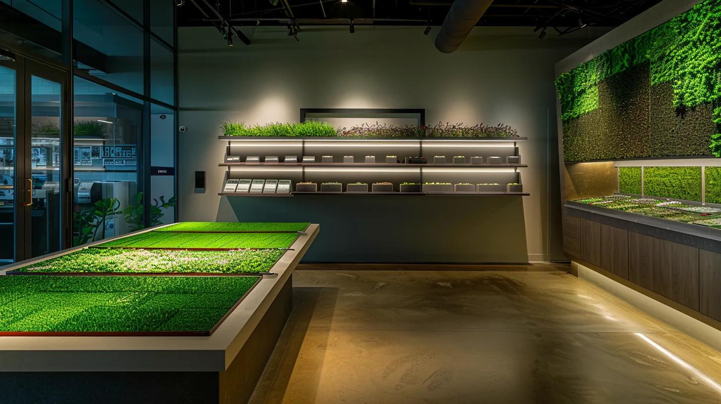 a sleek, modern office space features a designer table showcasing various samples of realistic artificial turf, illuminated by bright, focused lighting that accentuates the textures and colors of the turf while a stylish wall mounted display highlights detailed product information.